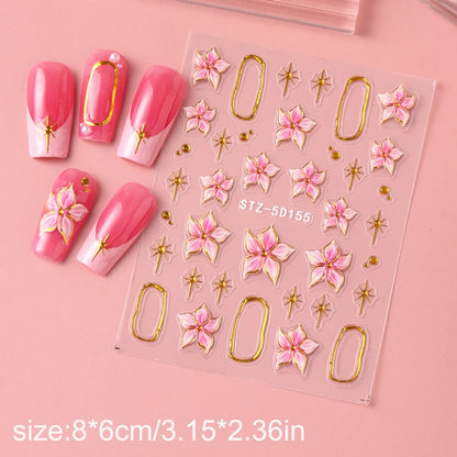 Hibiscus Flower Nail Stickers with Embossed Pink Floral and Golden Ring Details, 2-Piece 5D155 Self-Adhesive Decal Set for DIY Manicures and Party Nail Art