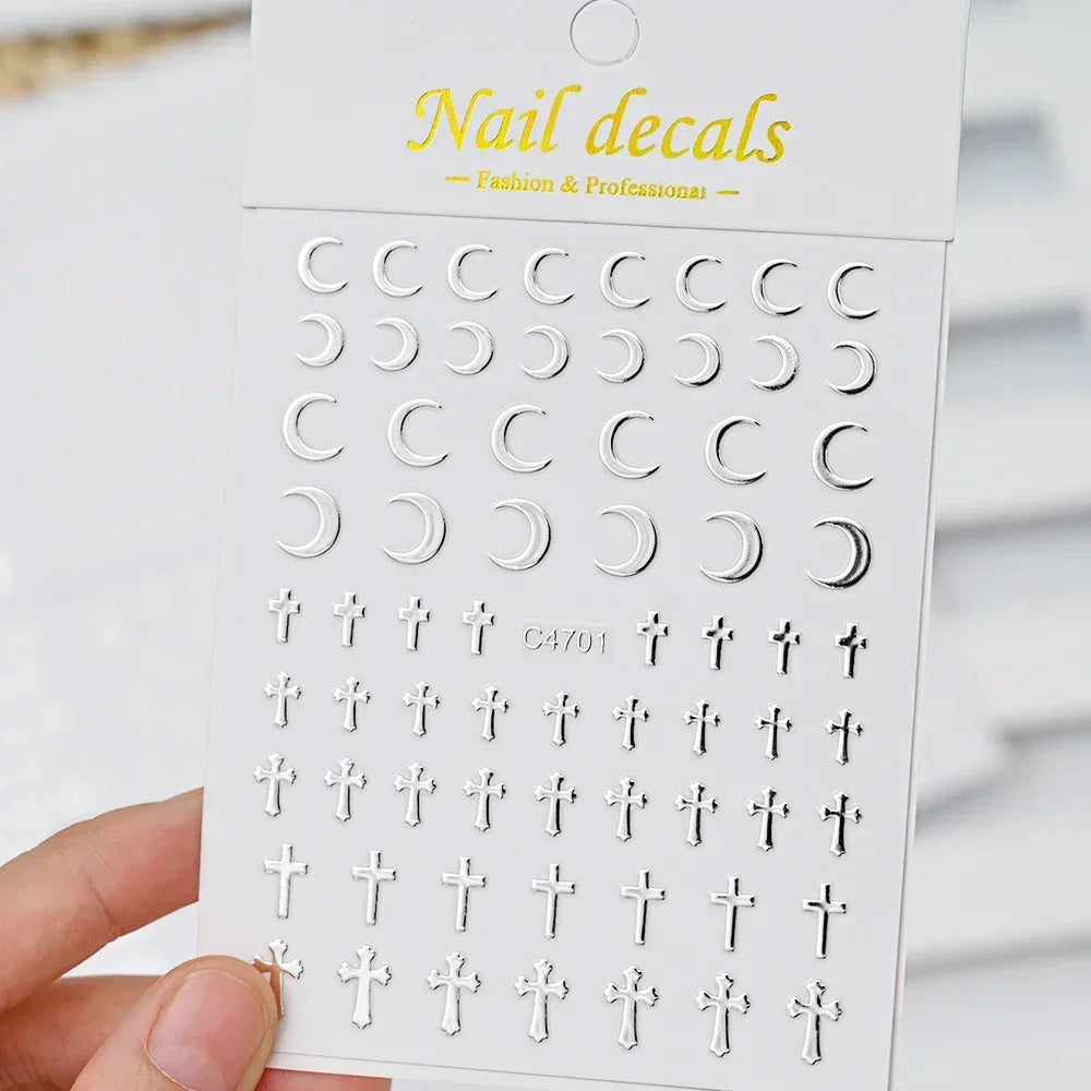 Silver Star Nail Stickers, 6 Sheets of Metallic 3D Self-Adhesive Chain and Heart Nail Art Decals for DIY Manicures, Party Looks and Salon Decoration