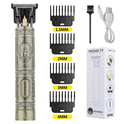 Retro T9 Hair Trimmer for Men's Everyday Haircutting and Personal Grooming, Electric Clipper Listing with Five Battery-Labeled Style Options for Home Use