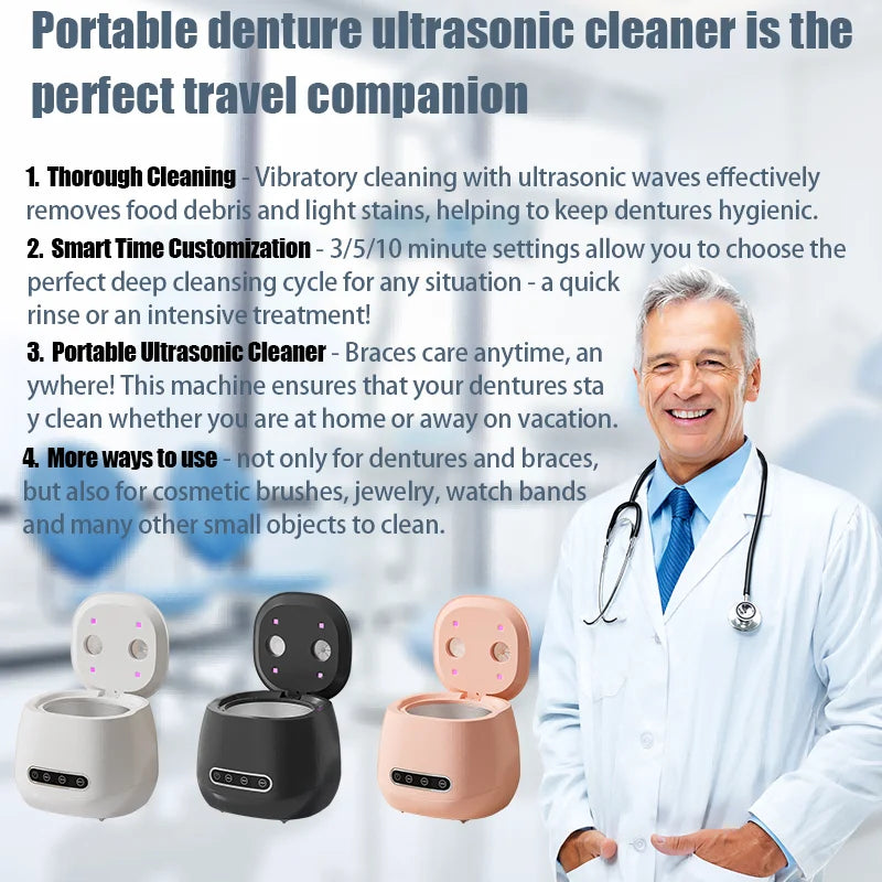 48kHz Ultrasonic Retainer Cleaning Machine, White USB-Rechargeable Cleaner for Compatible Removable Dental Appliances, Dentures and Jewelry Care