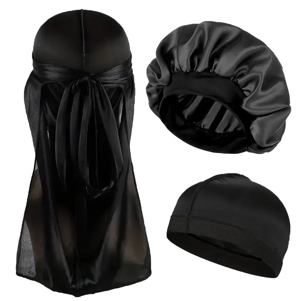 Durag Bonnet and Dome Cap Set, Listed Three-Piece Solid-Color Satin Headwear with Elastic Night Cap Reference for Adult Hair Wrap Routines and Casual Styling