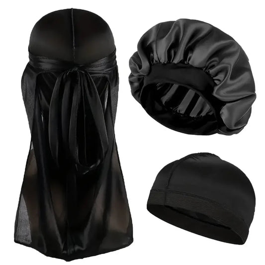 Durag Bonnet and Dome Cap Set, Listed Three-Piece Solid-Color Satin Headwear with Elastic Night Cap Reference for Adult Hair Wrap Routines and Casual Styling