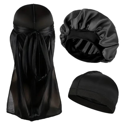 Durag Bonnet and Dome Cap Set, Listed Three-Piece Solid-Color Satin Headwear with Elastic Night Cap Reference for Adult Hair Wrap Routines and Casual Styling