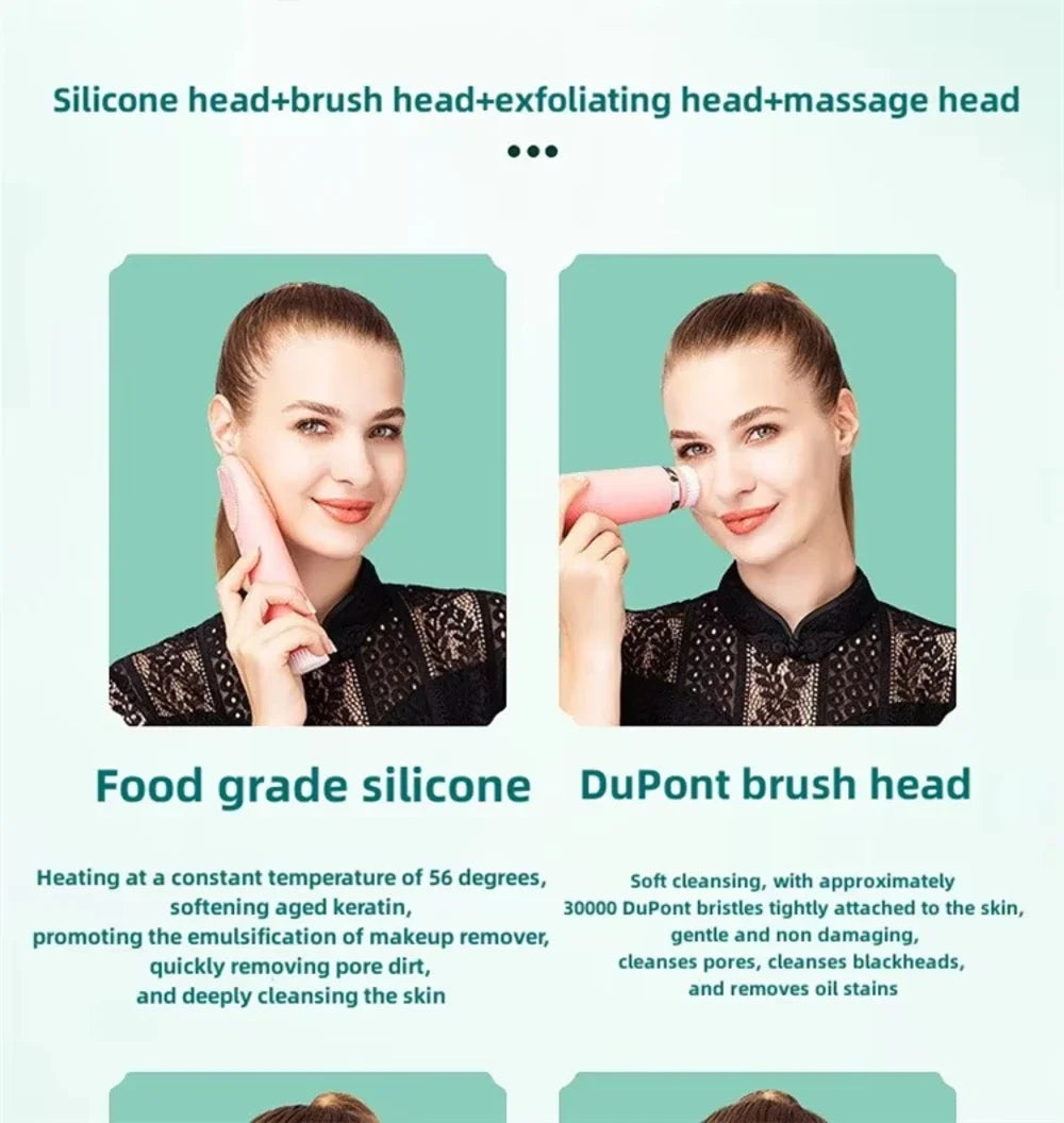 Heated Facial Cleansing Brush with USB Charging and Three Mode References, Silicone, Bristle and Rolling Head Descriptions with Three Single-Piece Option Labels
