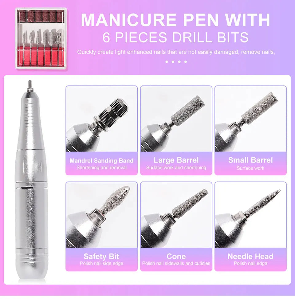 Rechargeable Portable Nail Drill with Listed 45,000 RPM Speed and Type-C Option, White, Pink or Purple Device and Kit Selections for Manicure Work