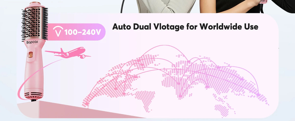 Dual Voltage Travel Hair Dryer Brush, Pink 4-in-1 Compact Hot Air Styler with Listed 100–240V Operation, Three Heat and Airflow Modes and US, EU or UK Plug Choices