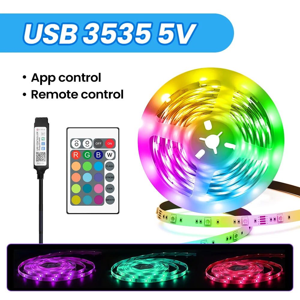 Music Sync RGB LED Strip Lights with 5V USB Power and Bluetooth 24key Option, Nine Lengths from 1m to 30m for Bedroom, TV and Party Accent Decoration