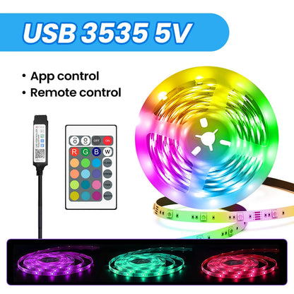 Music Sync RGB LED Strip Lights with 5V USB Power and Bluetooth 24key Option, Nine Lengths from 1m to 30m for Bedroom, TV and Party Accent Decoration
