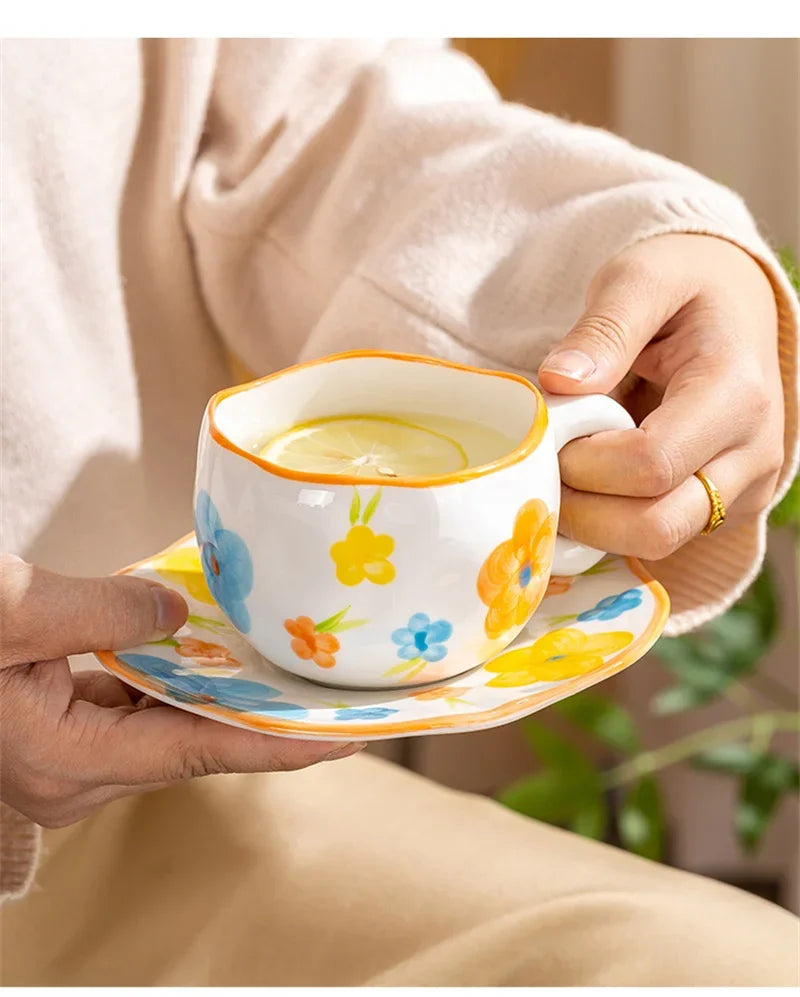 Hand-Painted Ceramic Mug with Irregular Korean-Style Shape and Floral, Heart or Playful Pattern Options for Breakfast Coffee and Afternoon Tea, Cup Only