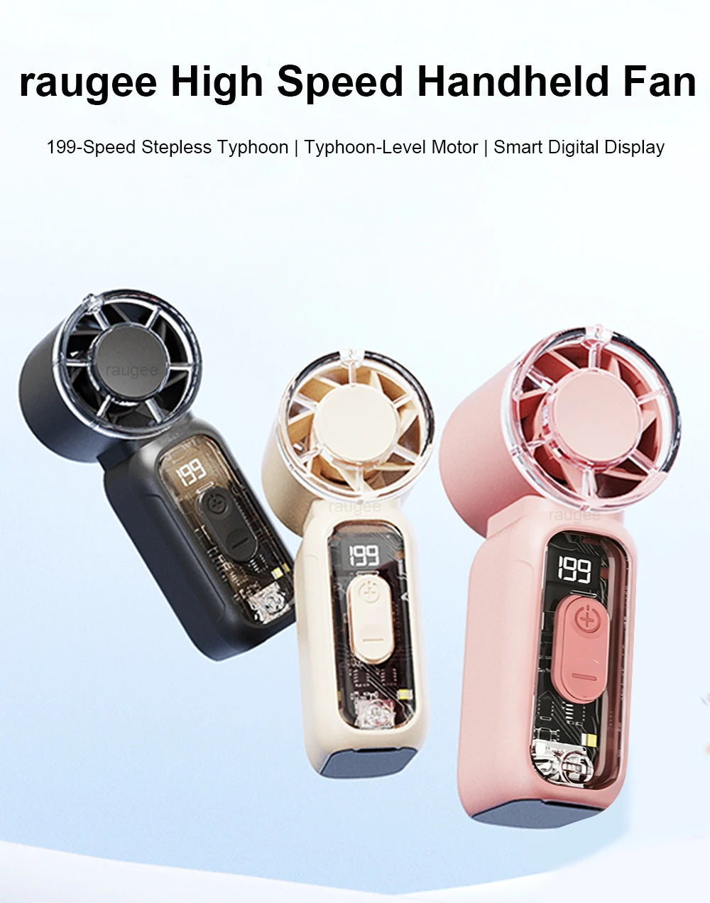 Digital Display Handheld Fan with USB Rechargeable Design, Listed 1-199 Speed Settings and Dual-Mode Flashlight in Black, White or Pink for Travel and Desk Use