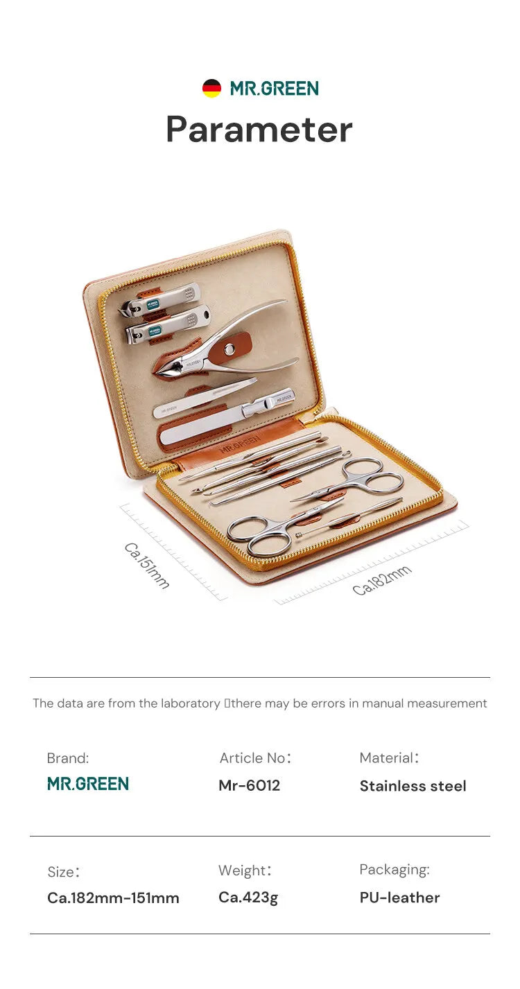 Manicure and Pedicure Kit MR.GREEN Mr-6012 with 12 Listed Stainless Steel Accessories and Portable Leather Case for Adult Home Grooming and Travel