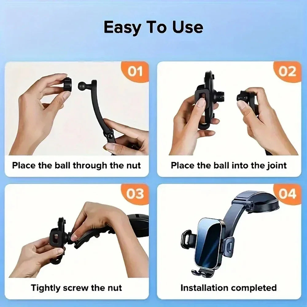 Car Phone Holder with Gravity Clamping Arms, Extension Rod and Suction Cup Base, Rotating Dashboard or Windshield Mount in Mirrored or Textured Options