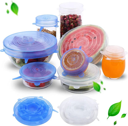 Round Stretch Food Covers Set of 6, Reusable Bowl and Dish Lids with Listed Sizes from 6 to 18cm in White, Blue, Yellow or Pink for Kitchen Storage