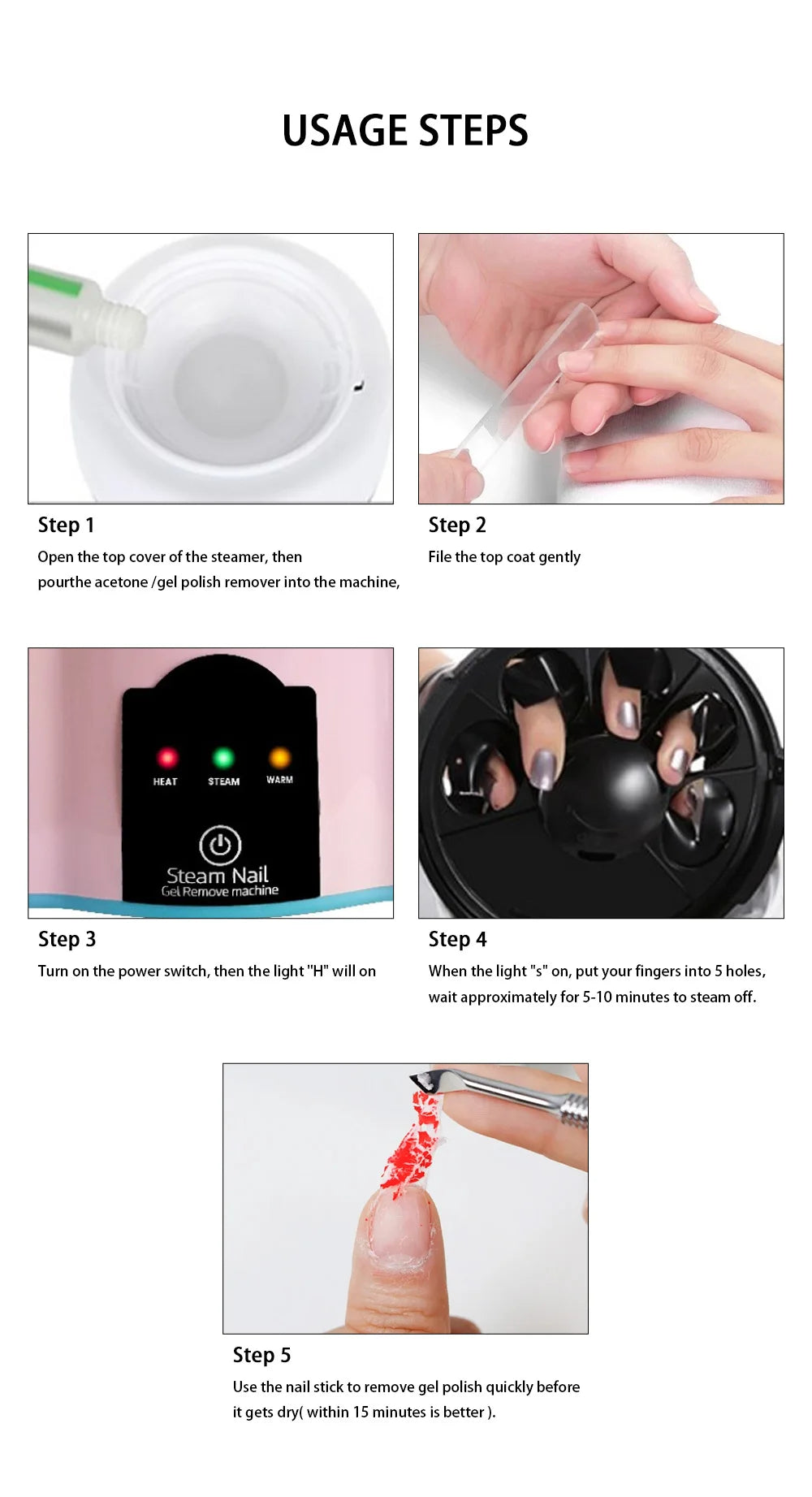 Electric Steam Gel Nail Remover with Five-Finger Use and Automatic Shutoff References, Compact Polish Removal Box for Instruction-Guided Manicure Care