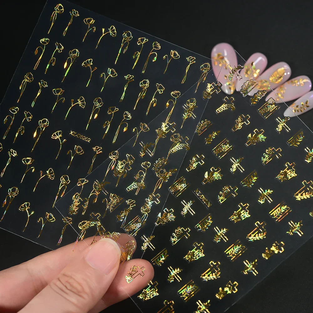 Gold Leaf Nail Stickers, 12-Piece Metallic 3D Floral Self-Adhesive Nail Art Decal Set for Botanical DIY Manicures, Party Styling and Salon Decoration