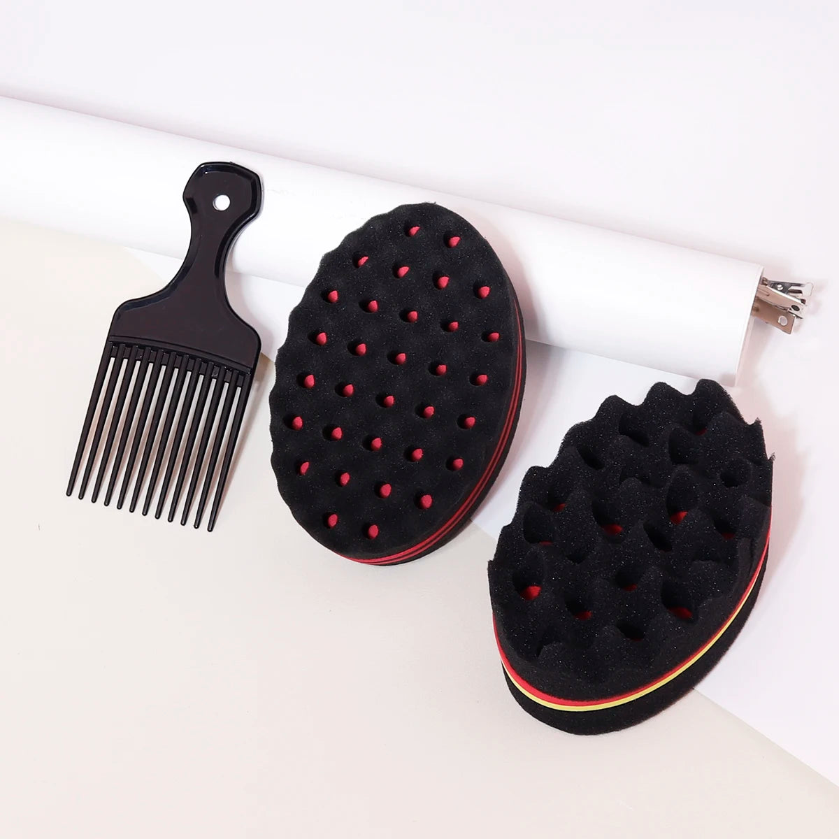Hair Sponge Brush and Wide-Tooth Comb Set, Two-Piece Styling Tools with Large-Hole or Small-Hole Options for Compatible Hair and Human-Hair Wig Grooming