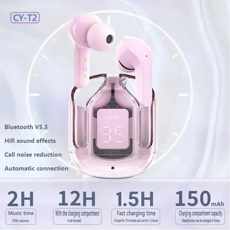 T2 Wireless Bluetooth Earphones with LED Power Display and Built-In Microphone, Transparent-Style In-Ear Audio Design in Five Colors for Music and Calls