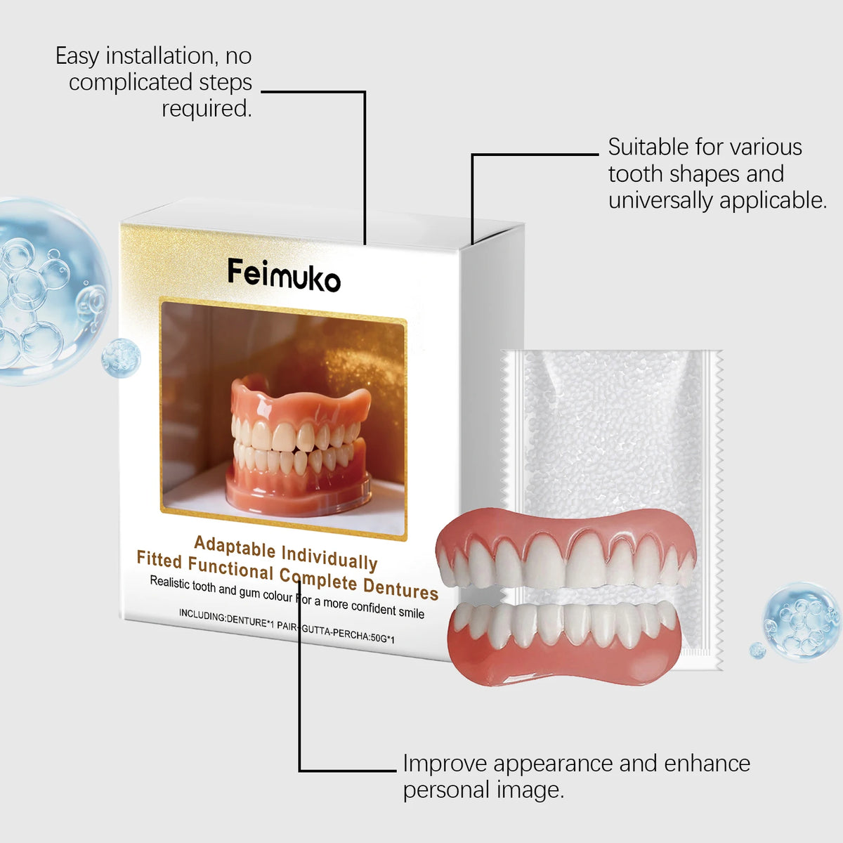 Cosmetic Denture-Style Teeth Cover Kit with Single-Piece and Multi-Item Purchase Labels, Material and Fit Details Requiring Professional Dental Review Before Use