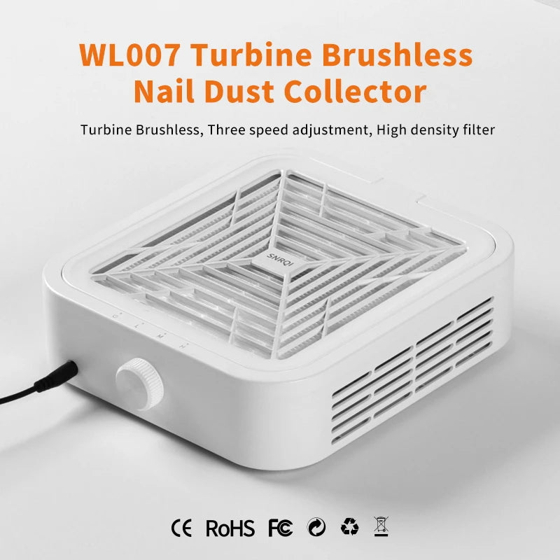 Manicure Nail Dust Extractor with WL007 and WL005 Model Options, US or EU Adapter Labels and Listed WL007 Reusable Filter with Extra Filter