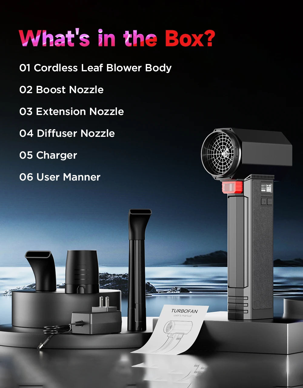 Cordless Car Dryer Air Blower TF64 with Listed 64mm Brushless Motor, Four Speed Settings and 3000mAh or 4000mAh Option Labels for Vehicle and Outdoor Cleanup