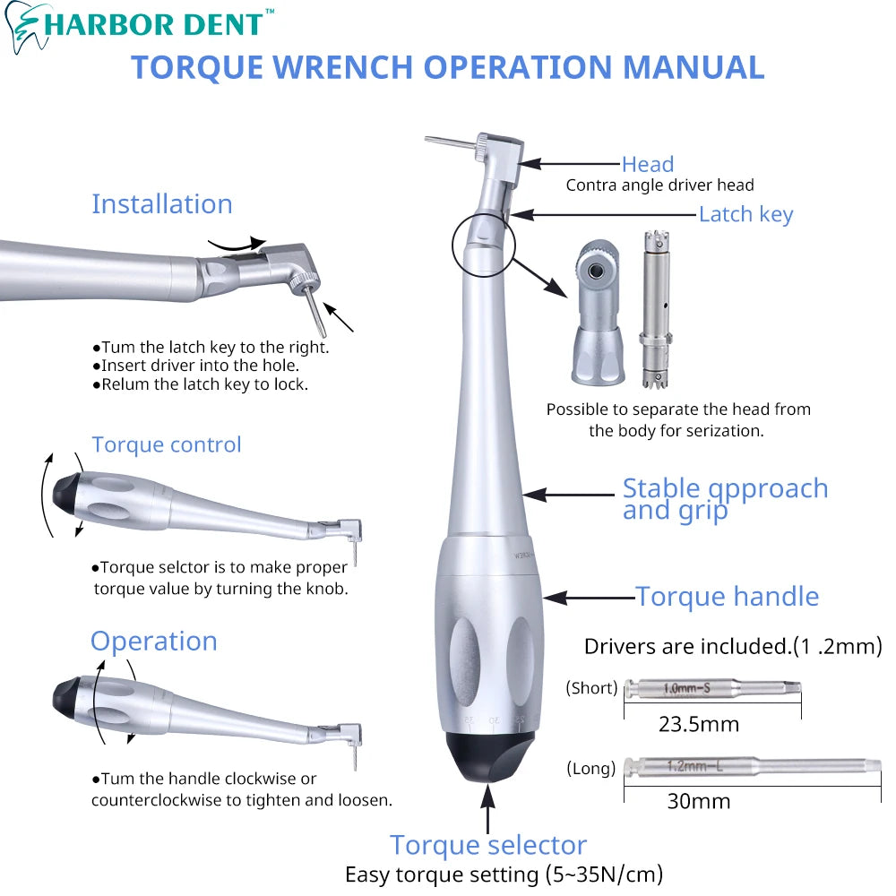 Adjustable Dental Implant Torque Wrench Set, 16-Piece Driver Tool Selection with Listed 2.35mm Latch-Type Bits in Silver, Blue or Red Options