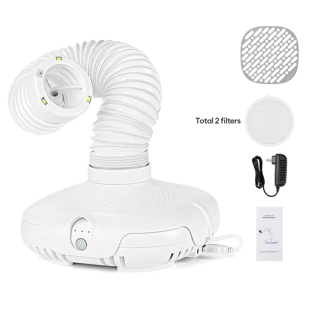 Extendable Tube Nail Dust Collector with LED Light, Three Speed Settings and Two Filters, Grey Plug-In Manicure Vacuum with US, EU or UK Plug Options