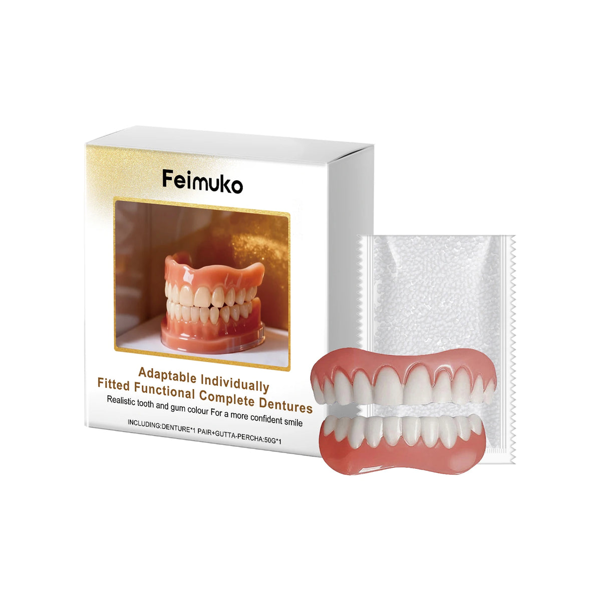 Cosmetic Denture-Style Teeth Cover Kit with Single-Piece and Multi-Item Purchase Labels, Material and Fit Details Requiring Professional Dental Review Before Use
