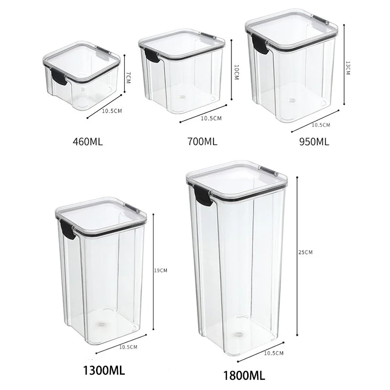 Clear Pantry Storage Jars with White or Black Covers, Five Capacity Options from 460ml to 1800ml and Single-Size Packs or Mixed Five-Size Kitchen Sets