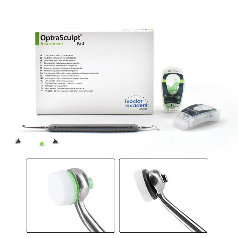 Dental Composite Modeling Kit with Listed Stainless Steel Handle and Foam Pad Attachments, 17cm Length and 4mm/6mm References for Material Shaping