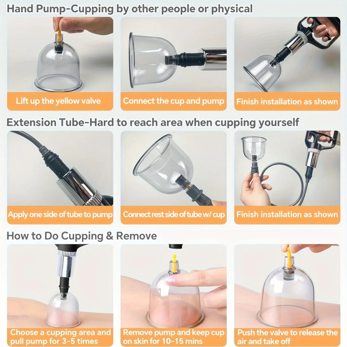 Manual Pump Cupping Set with Listed Plastic Cups in Various Sizes and Guide Reference, 12 or 24-Piece Bag Labels and 12-Piece Box Option for Adult Personal Care