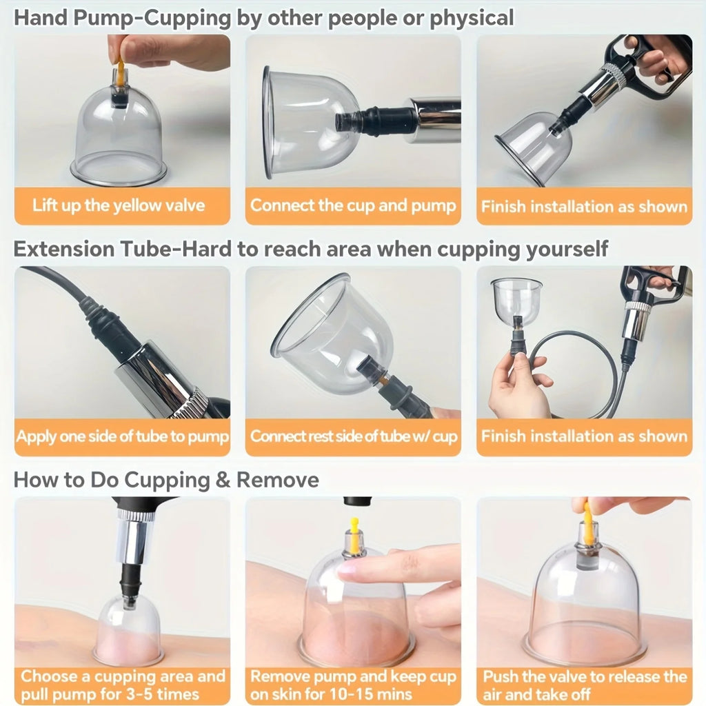 Manual Pump Cupping Set with Listed Plastic Cups in Various Sizes and Guide Reference, 12 or 24-Piece Bag Labels and 12-Piece Box Option for Adult Personal Care