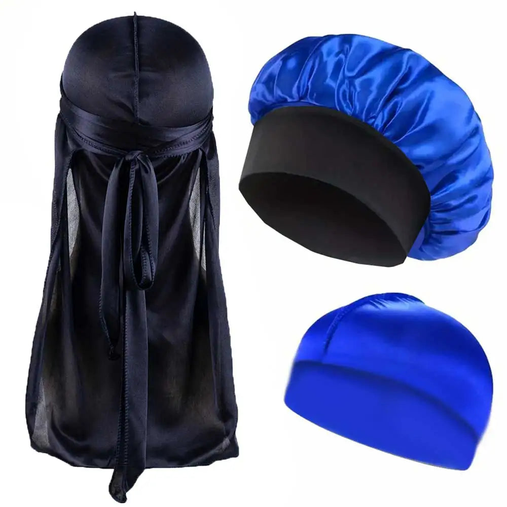 Durag Bonnet and Dome Cap Set, Listed Three-Piece Solid-Color Satin Headwear with Elastic Night Cap Reference for Adult Hair Wrap Routines and Casual Styling