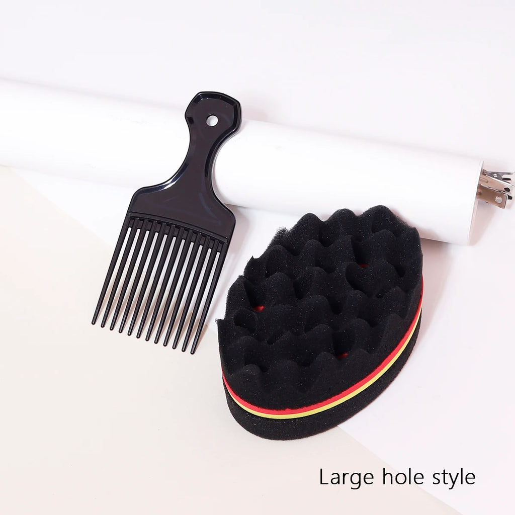 Hair Sponge Brush and Wide-Tooth Comb Set, Two-Piece Styling Tools with Large-Hole or Small-Hole Options for Compatible Hair and Human-Hair Wig Grooming