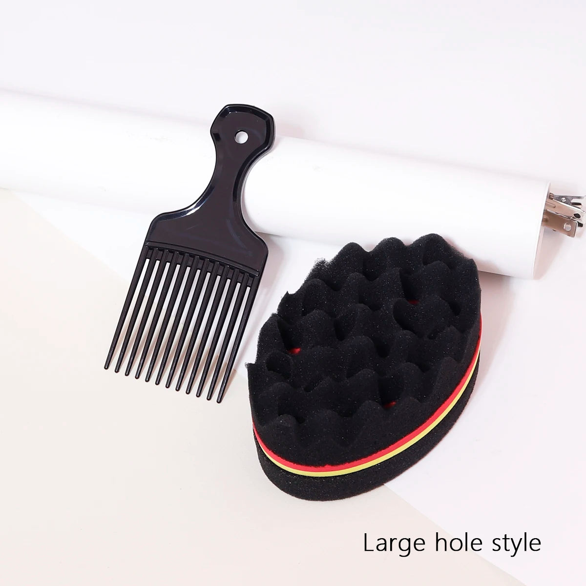 Hair Sponge Brush and Wide-Tooth Comb Set, Two-Piece Styling Tools with Large-Hole or Small-Hole Options for Compatible Hair and Human-Hair Wig Grooming