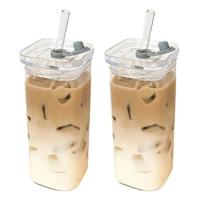 400ml Glass Coffee Cup with Listed Lid and Straw, Transparent Borosilicate Drinkware for Iced Coffee, Milk Tea and Juice with Square Cup and Bamboo Lid Options