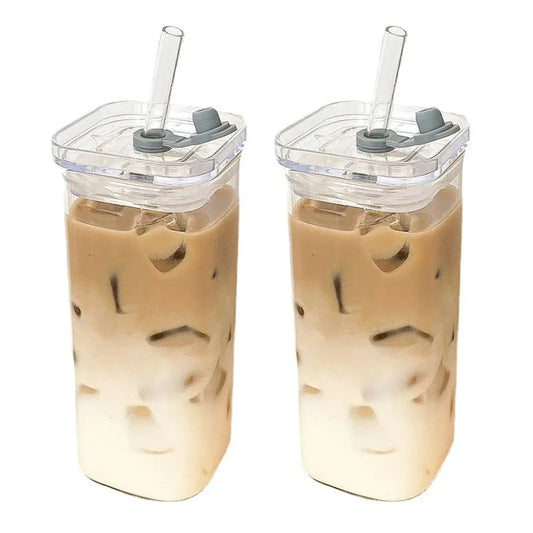 400ml Glass Coffee Cup with Listed Lid and Straw, Transparent Borosilicate Drinkware for Iced Coffee, Milk Tea and Juice with Square Cup and Bamboo Lid Options