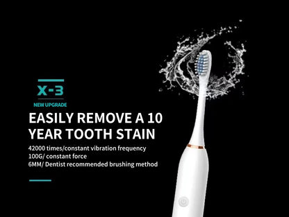 X3 Sonic Electric Toothbrush for Adults, USB Rechargeable Six-Mode Oral Care Brush with Two-Minute Brushing Cycle and 30-Second Zone Reminders