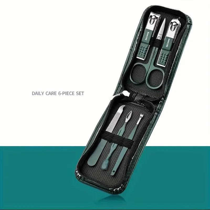 Nail Clipper Manicure Set with Six-Piece Option Labels, Nail Scissors and Clipper References, Black or Green Personal Grooming Kit for Home and Travel