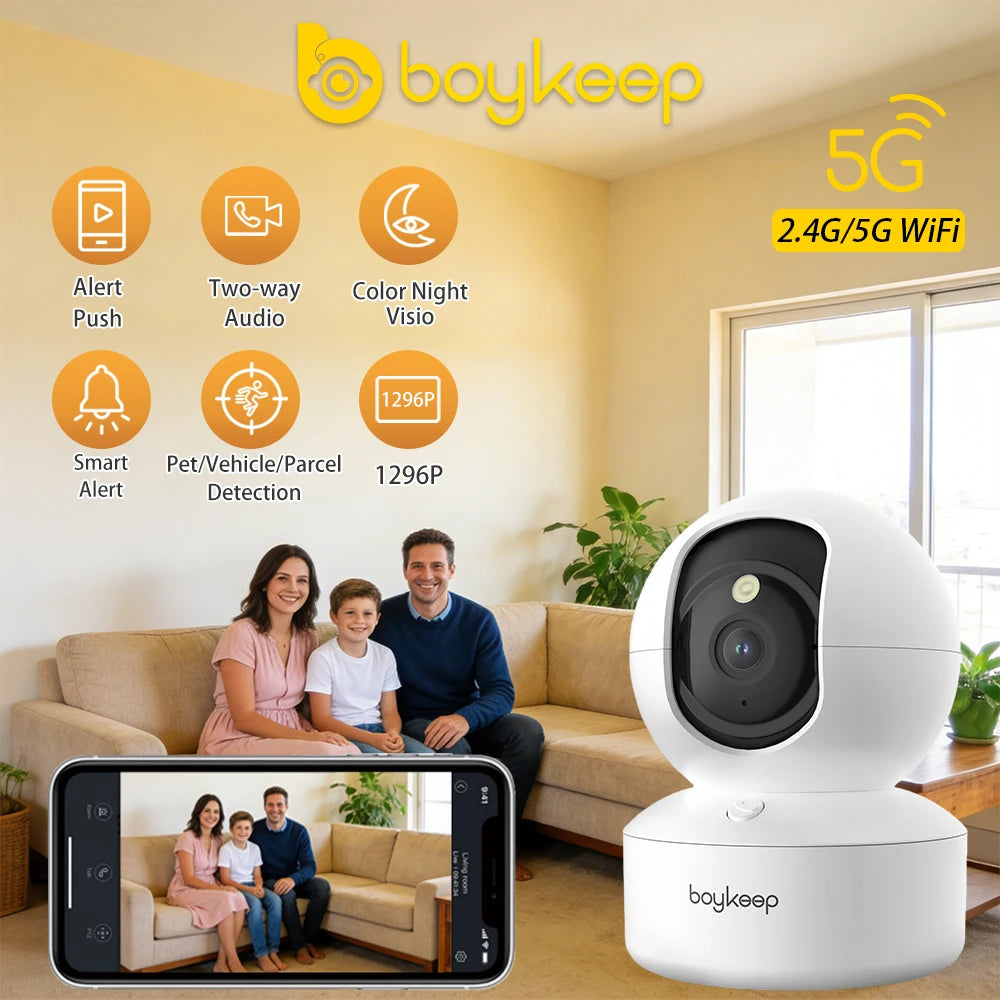 Indoor WiFi Security Camera by BoyKeep, Listed 2K Video with Dual-Band WiFi, 360-Degree PTZ, Infrared Night Vision and Two-Way Audio, USB Selection