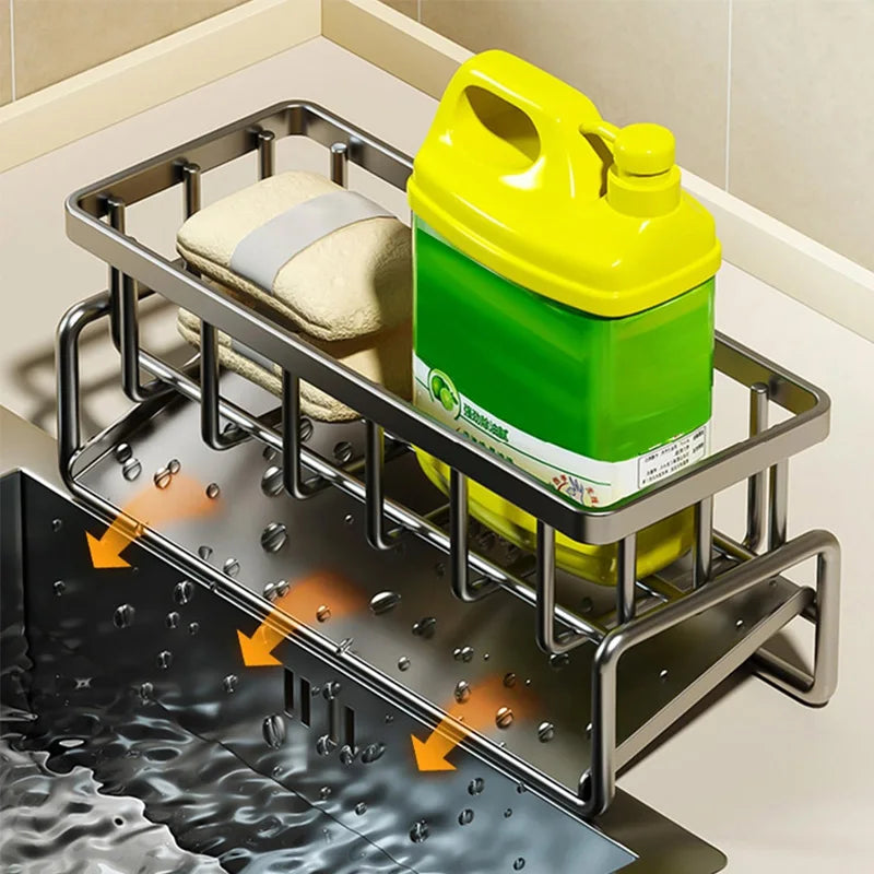 Kitchen Sink Organizer in Carbon Steel with Tilted Water Tray, Listed 23 x 9 x 10 cm Sponge and Brush Storage Rack for Sink-Side Kitchen Organization