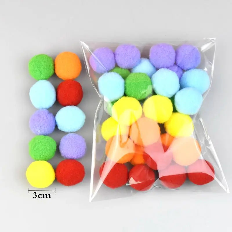 Cat Pom Pom Balls in Colorful Polyester, Listed 3 cm Plush Puff Toys for Supervised Indoor Chase and Batting Play, 20 to 500 Piece Pack Options