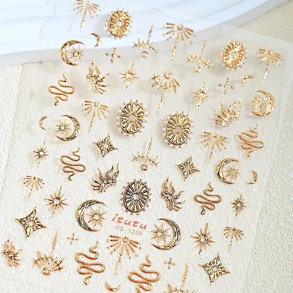 Snake and Moon Nail Art Stickers, Gold and Silver 5D Self-Adhesive Star Decals with Bronzing-Style Details for DIY Manicures and Nail Decoration
