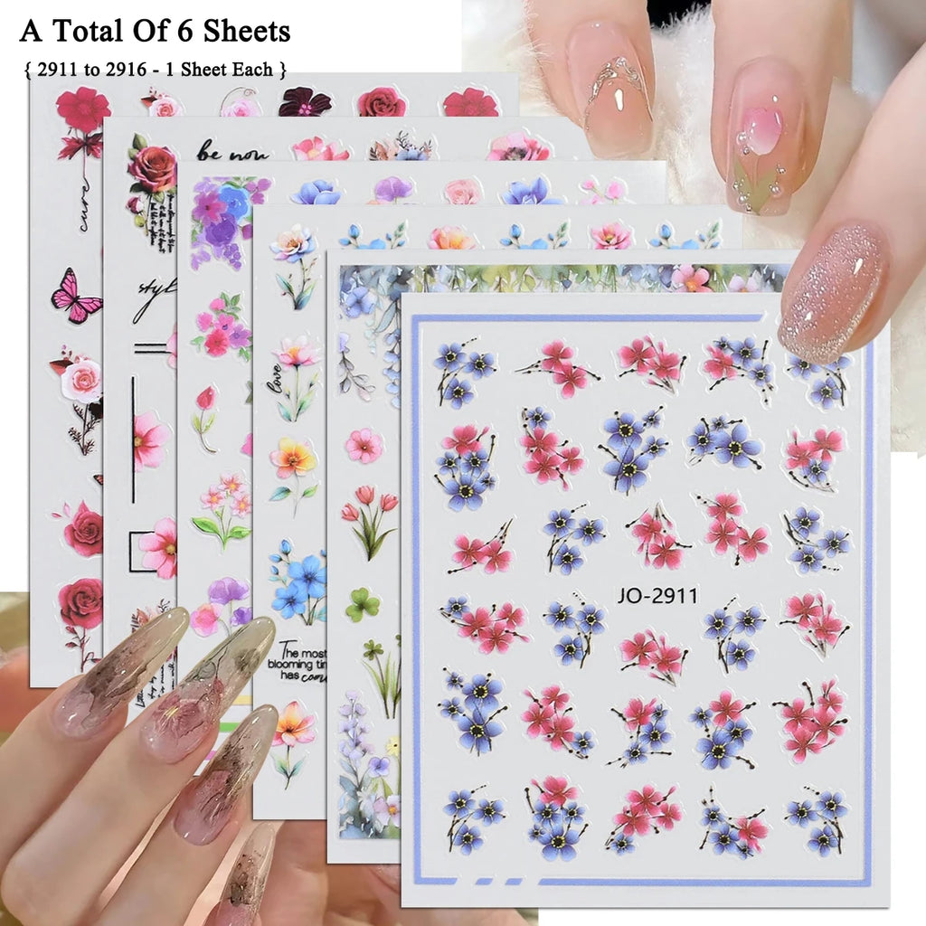 Flower Nail Stickers with Butterfly, Rose, Lavender and Clover Designs, Self-Adhesive 3D Nail Art Decals in 3 to 60 Sheet Options for DIY Manicures