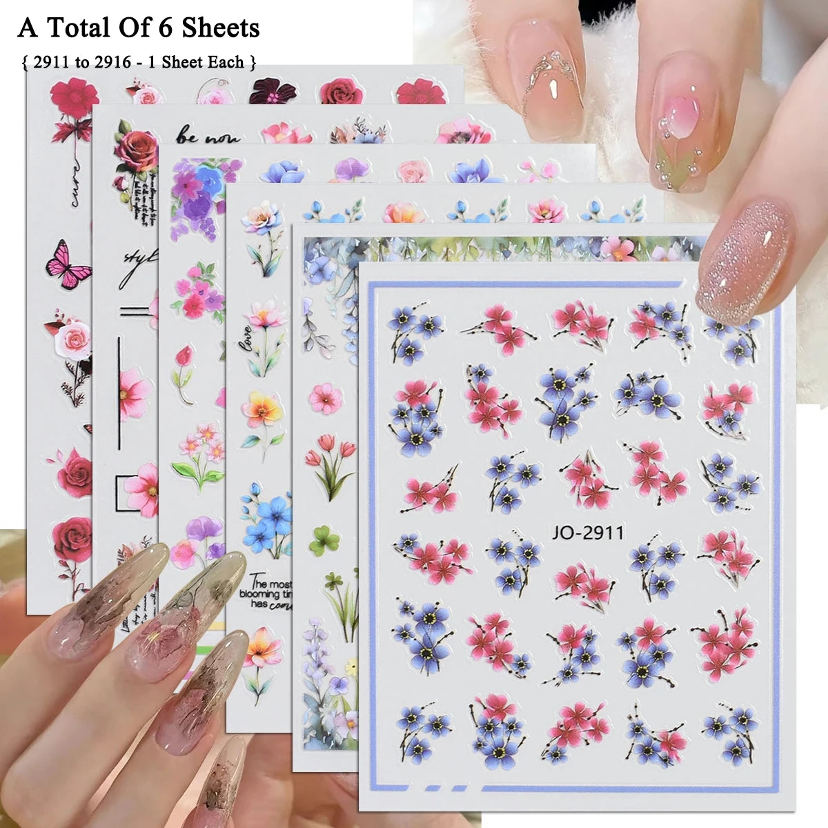 Flower Nail Stickers with Butterfly, Rose, Lavender and Clover Designs, Self-Adhesive 3D Nail Art Decals in 3 to 60 Sheet Options for DIY Manicures