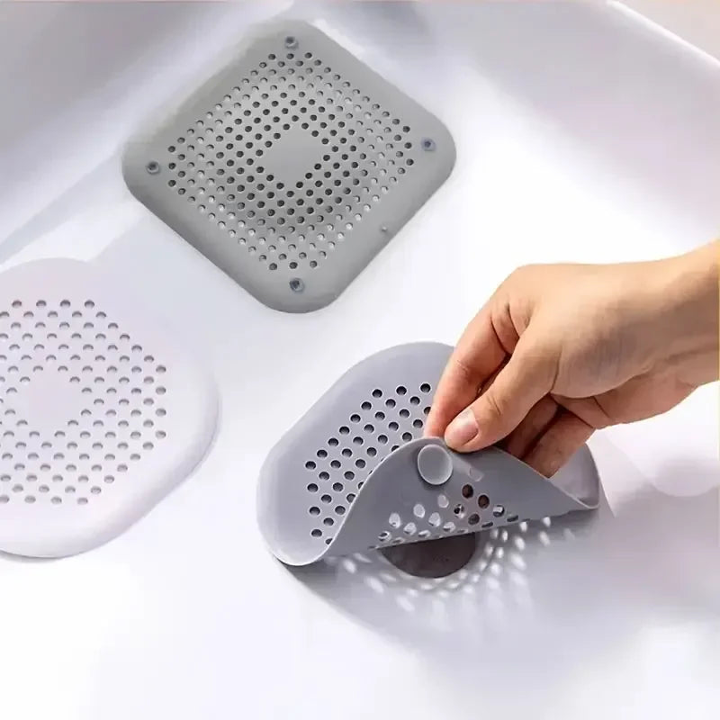 Shower Drain Hair Catcher, Square Silicone Drain Strainer with Suction Cups for Flat Shower, Bathtub and Kitchen Sink Surfaces, White, Gray or Black