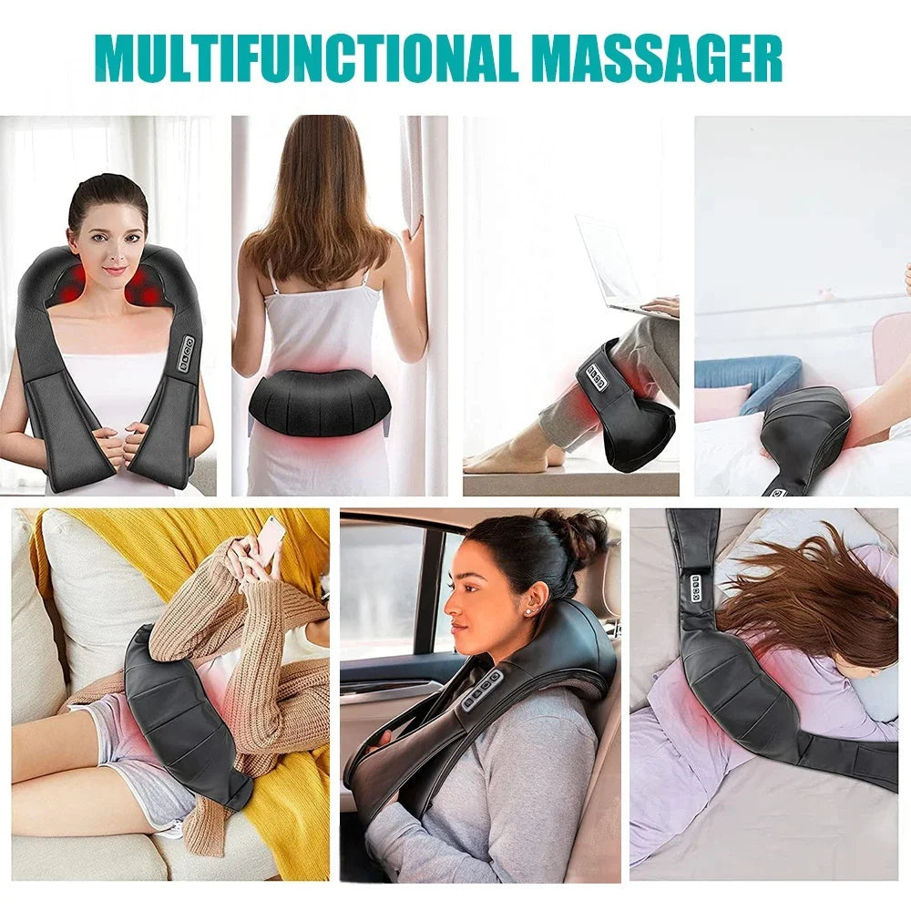 U-Shape Neck and Shoulder Massager with Heat and Reversible Shiatsu-Style Kneading, Four-Button Black or Black Gray Styles with US or EU Plug Options for Adult Relaxation
