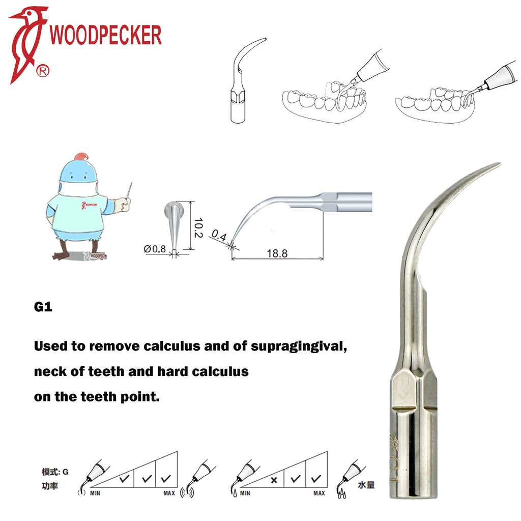 Ultrasonic Scaler Handpiece and Tip Options by Woodpecker, HW-5L LED Handpiece or P, E and G Series Tips for Compatible Dental Equipment