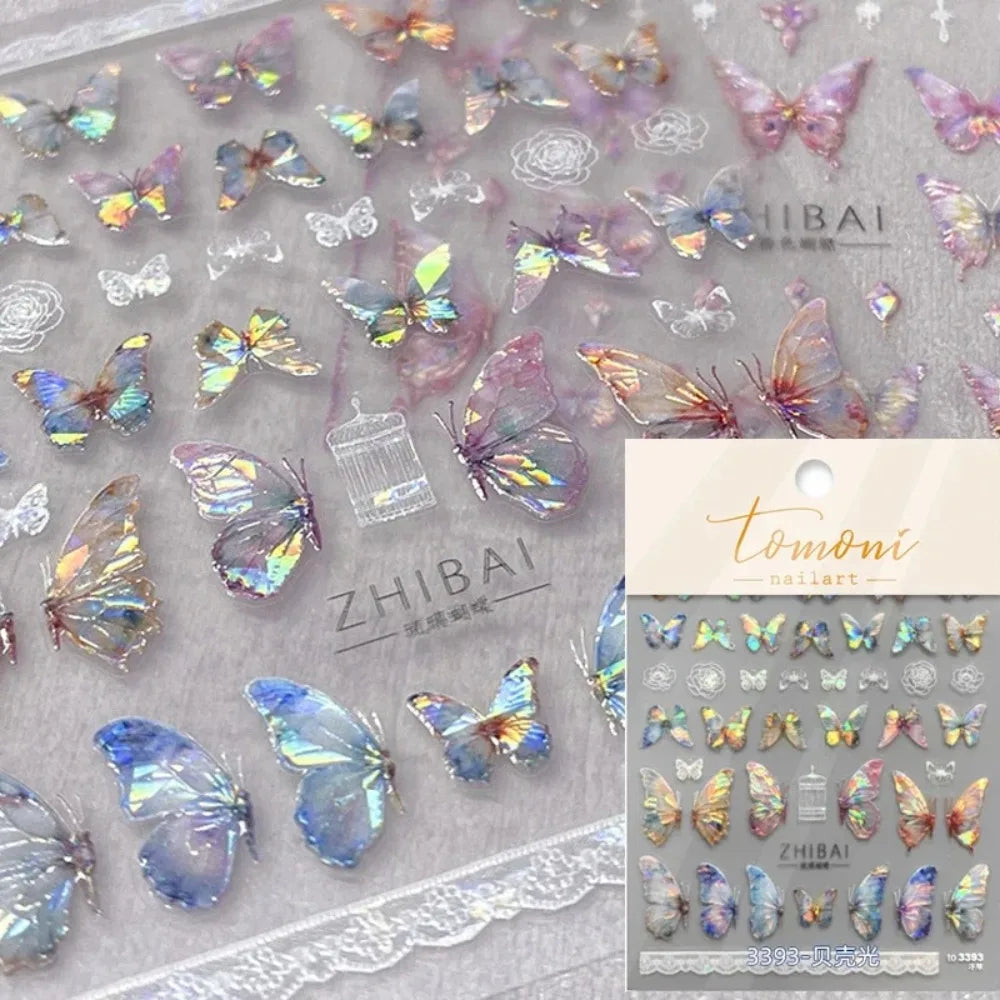 Butterfly 5D Nail Art Stickers, Kawaii Japanese-Inspired Glitter Shell Aurora Style Manicure Decals in Four Design Options for DIY Nail Decoration
