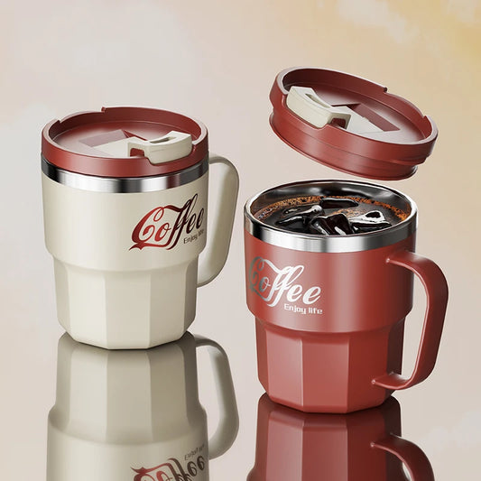 400ml Insulated Coffee Mug with Lid and Handle, 304 Stainless Steel Double-Wall Reusable Cup in Beige, Black, Red or White for Home and Office