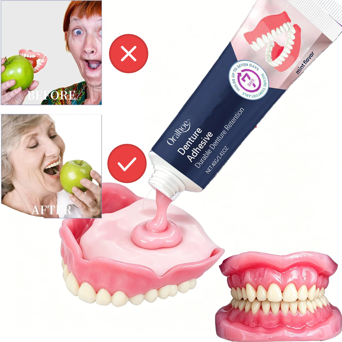 Thermoplastic Denture Adhesive with Listed Zinc-Free Formula and Cushioning Wording, Single-Piece and Promotional Pack Options for Adult Denture Care